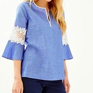 Lilly Pulitzer Chambray/ French Blue Tunic with Lace Bell Sleeves